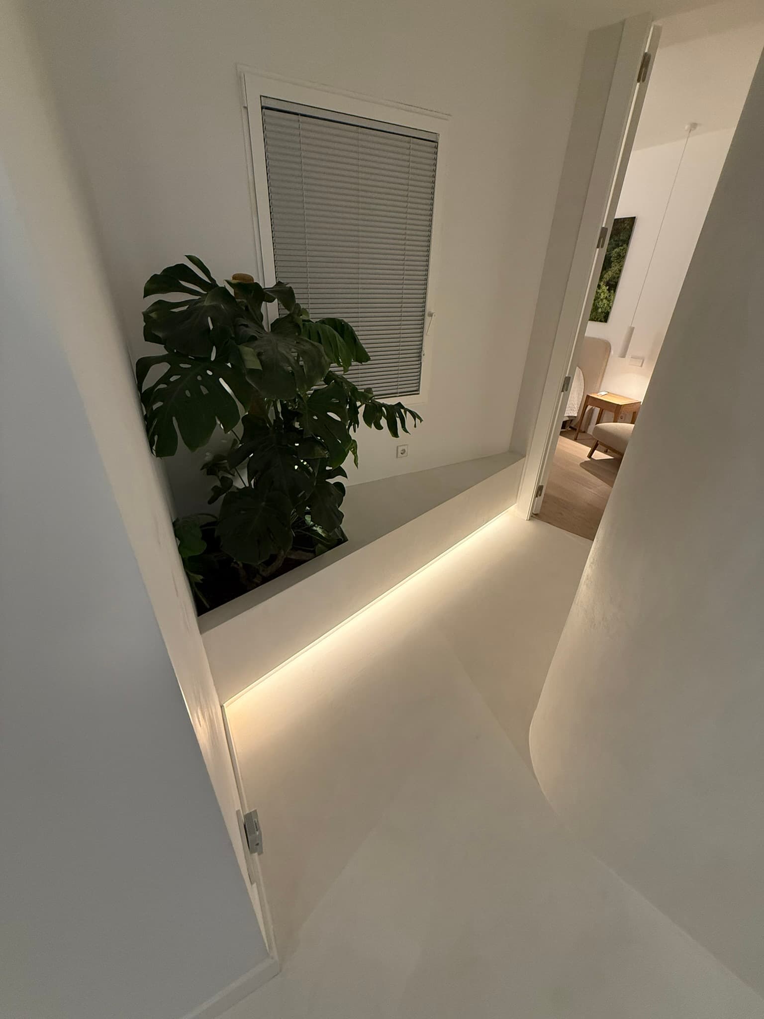 Pasillo en microcemento blanco continuo con iluminación LED perimetral a ras de suelo y planta de interior junto a una ventana